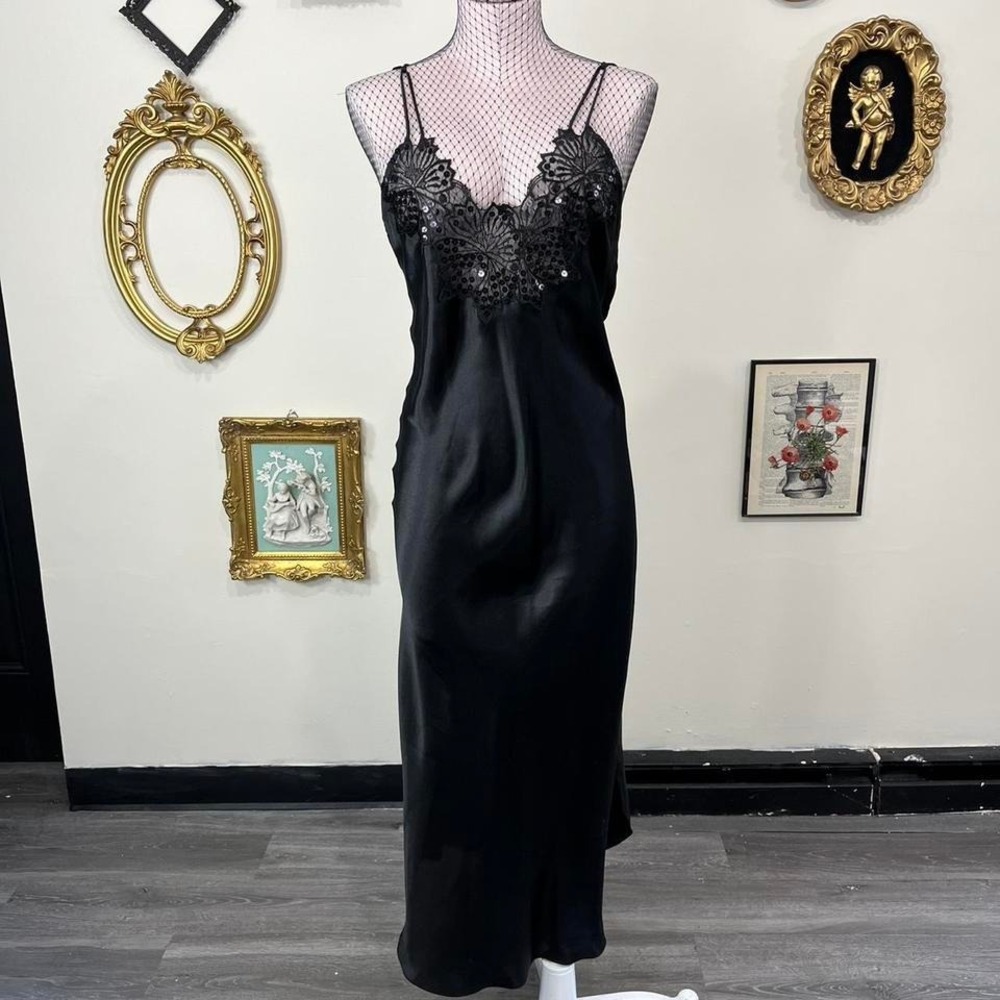 Vintage Y2K Temptations by Morgan Taylor Black Satin Slip Dress Sequin Lace Trim